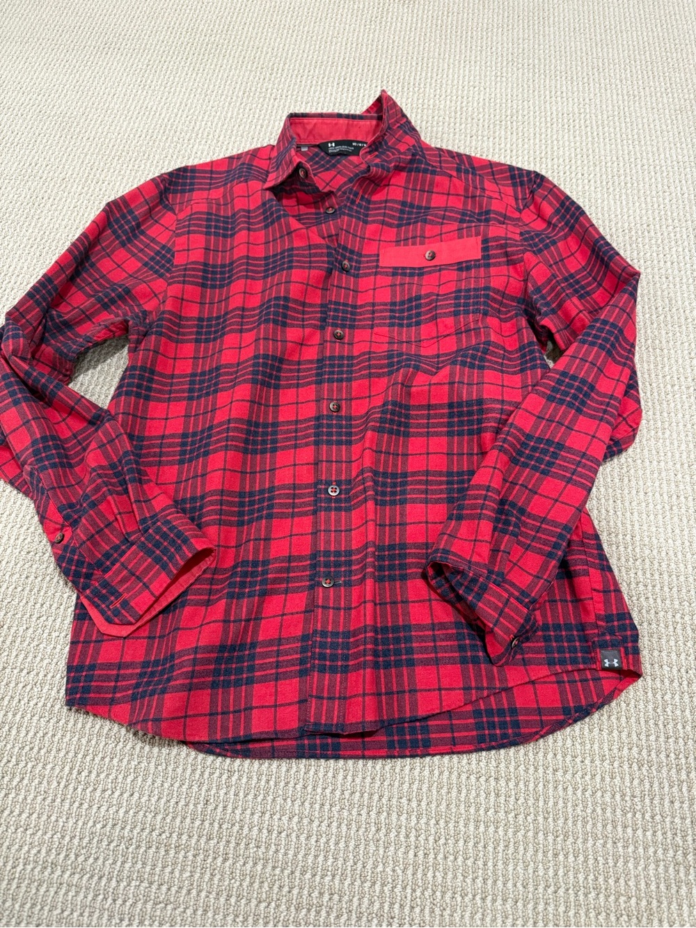 Under Armour Red and Navy Plaid Long Sleeve Button-Down Shirt